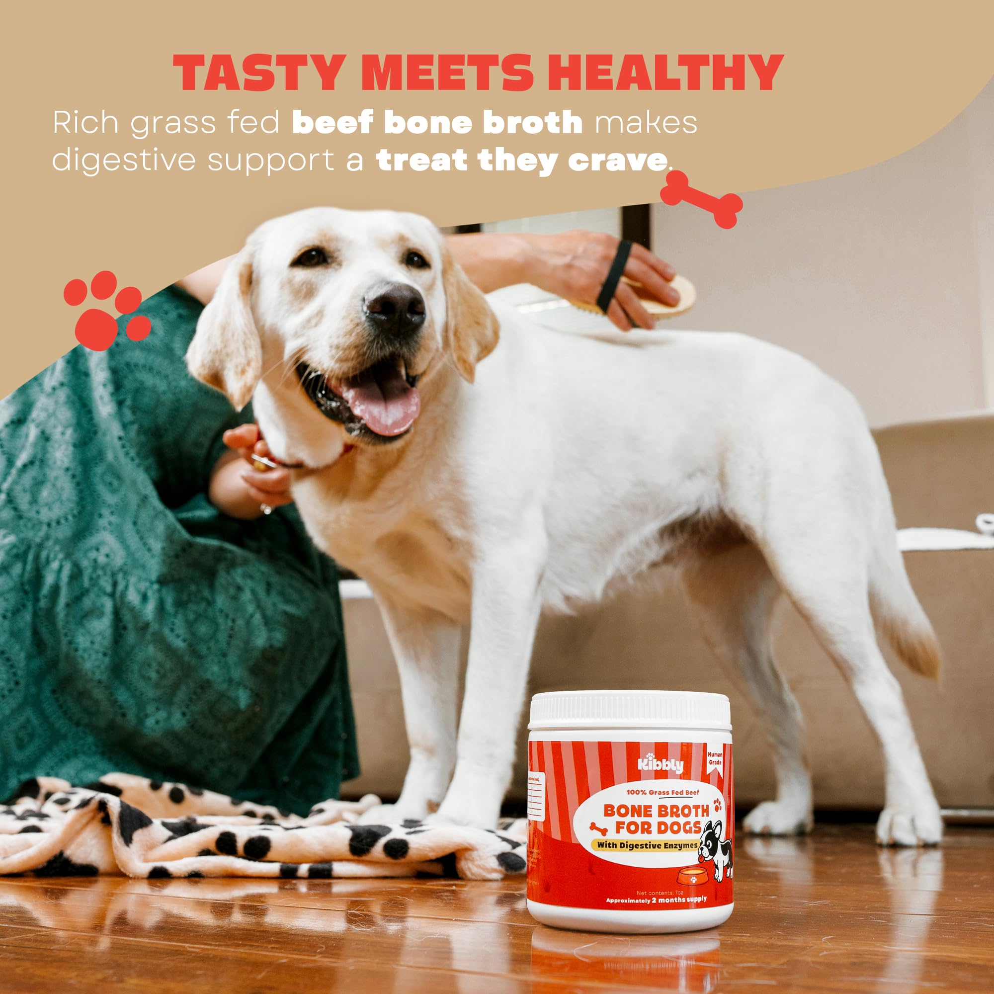 Kibbly Bone Broth Powder on a bowl: dog enjoying a flavorful meal.