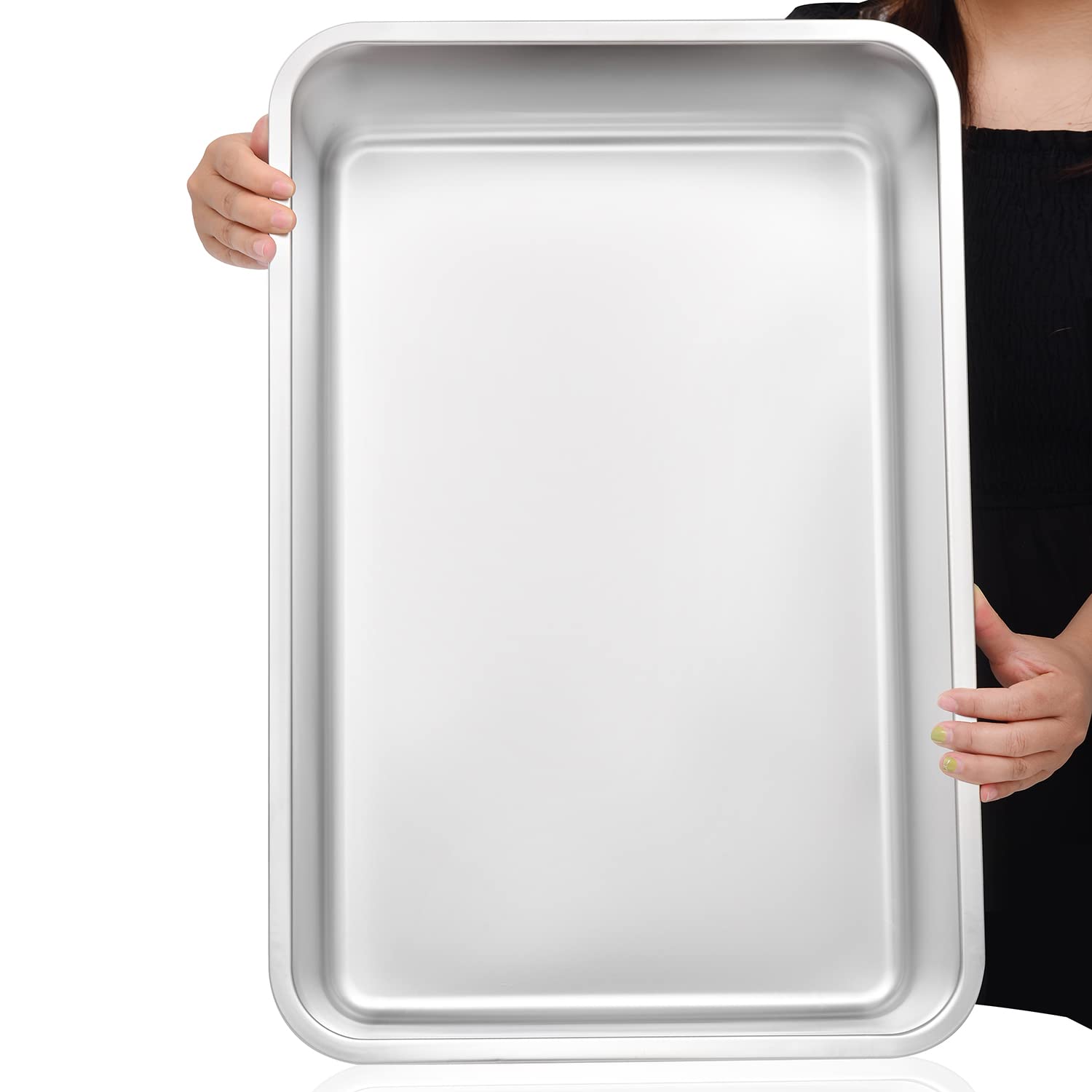 Kichwit large stainless steel litter box with 23.4 by 15.5 by 7.6 inch dimensions.