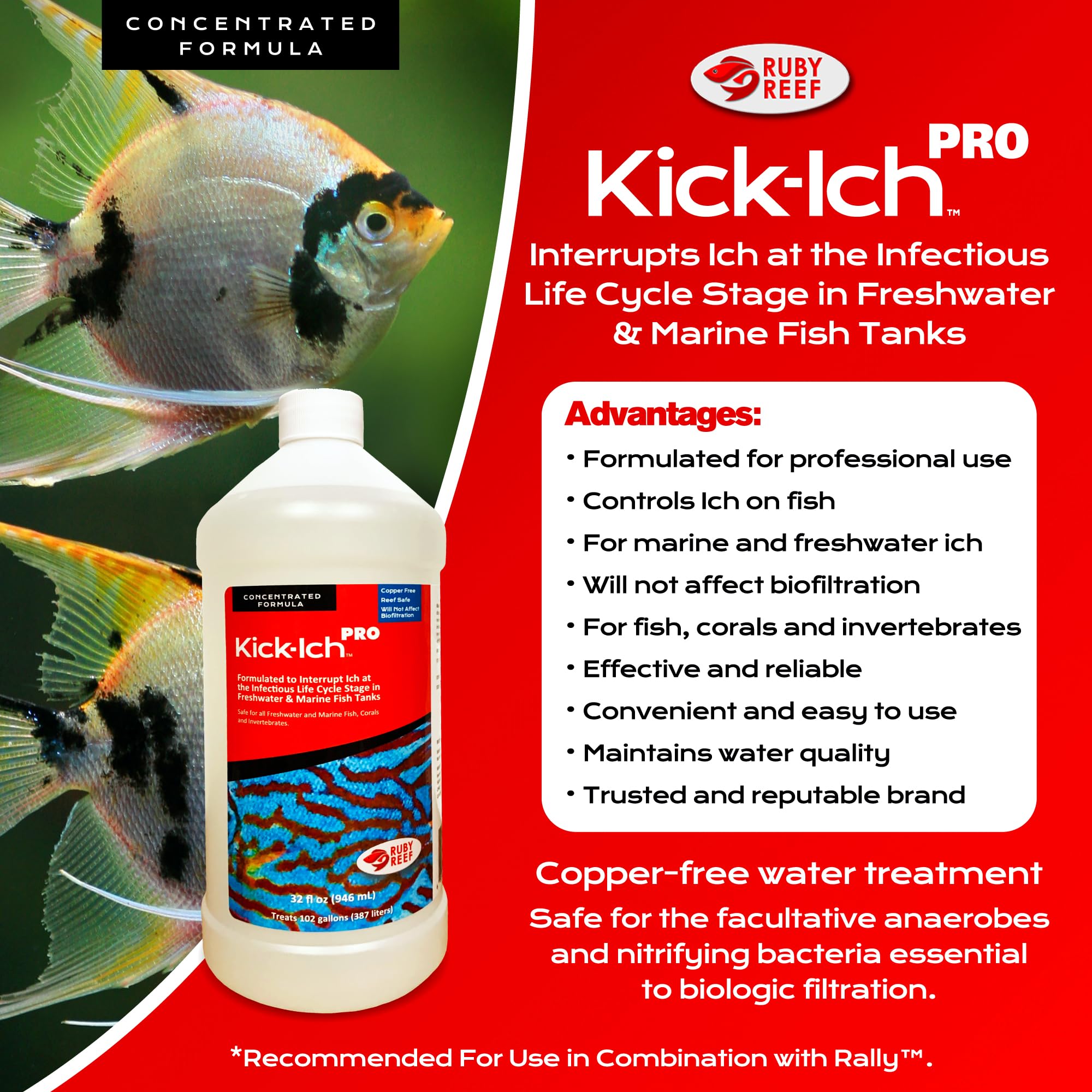 Kick Ich Pro 32oz dosing scene emphasizes long-lasting supply for ongoing aquarium care.