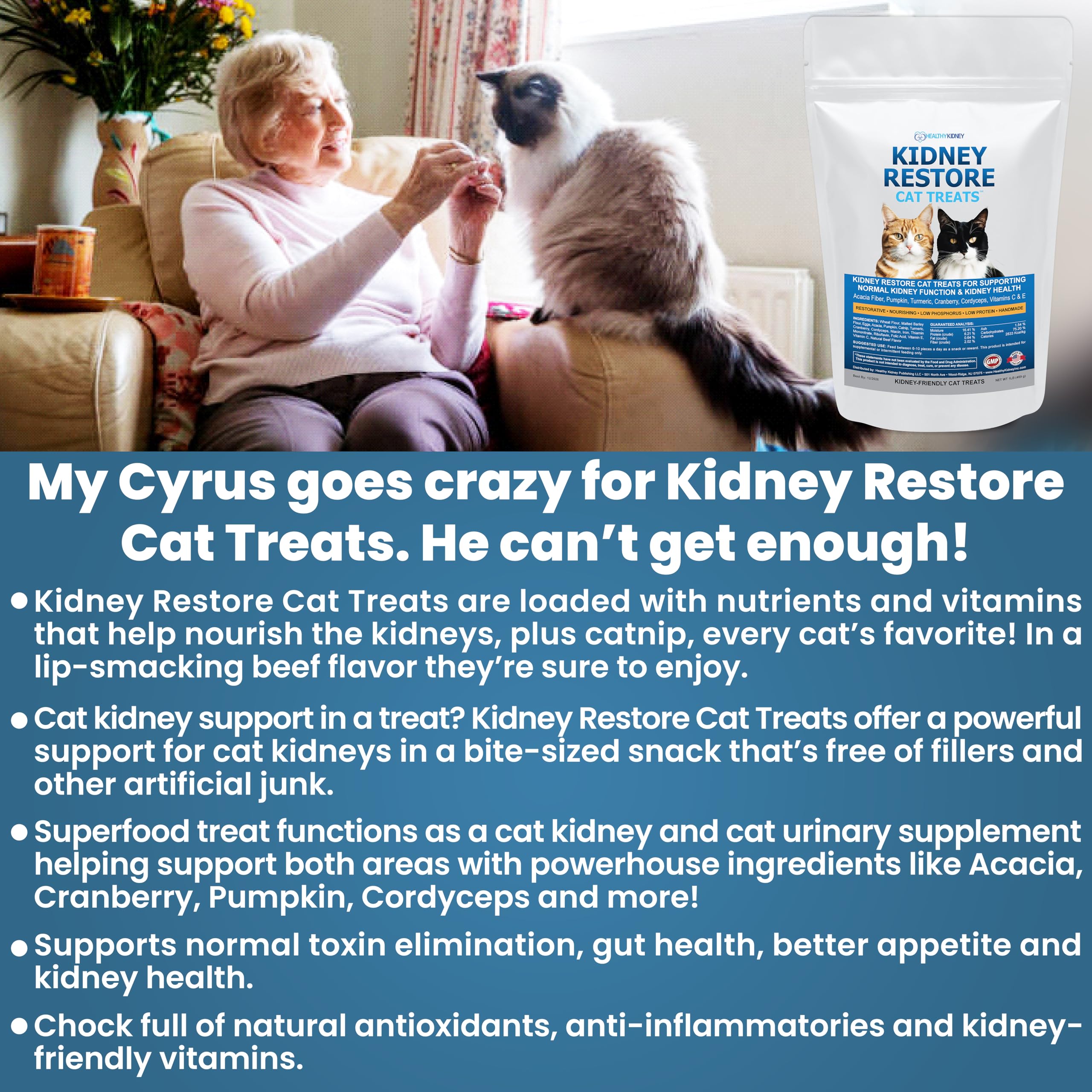 Kidney Restore Tuna cat treats show a cat enjoying a flavorful snack.