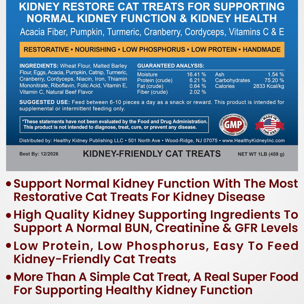 Kidney Restore Tuna ingredients label showcases antioxidants and low-protein formula.