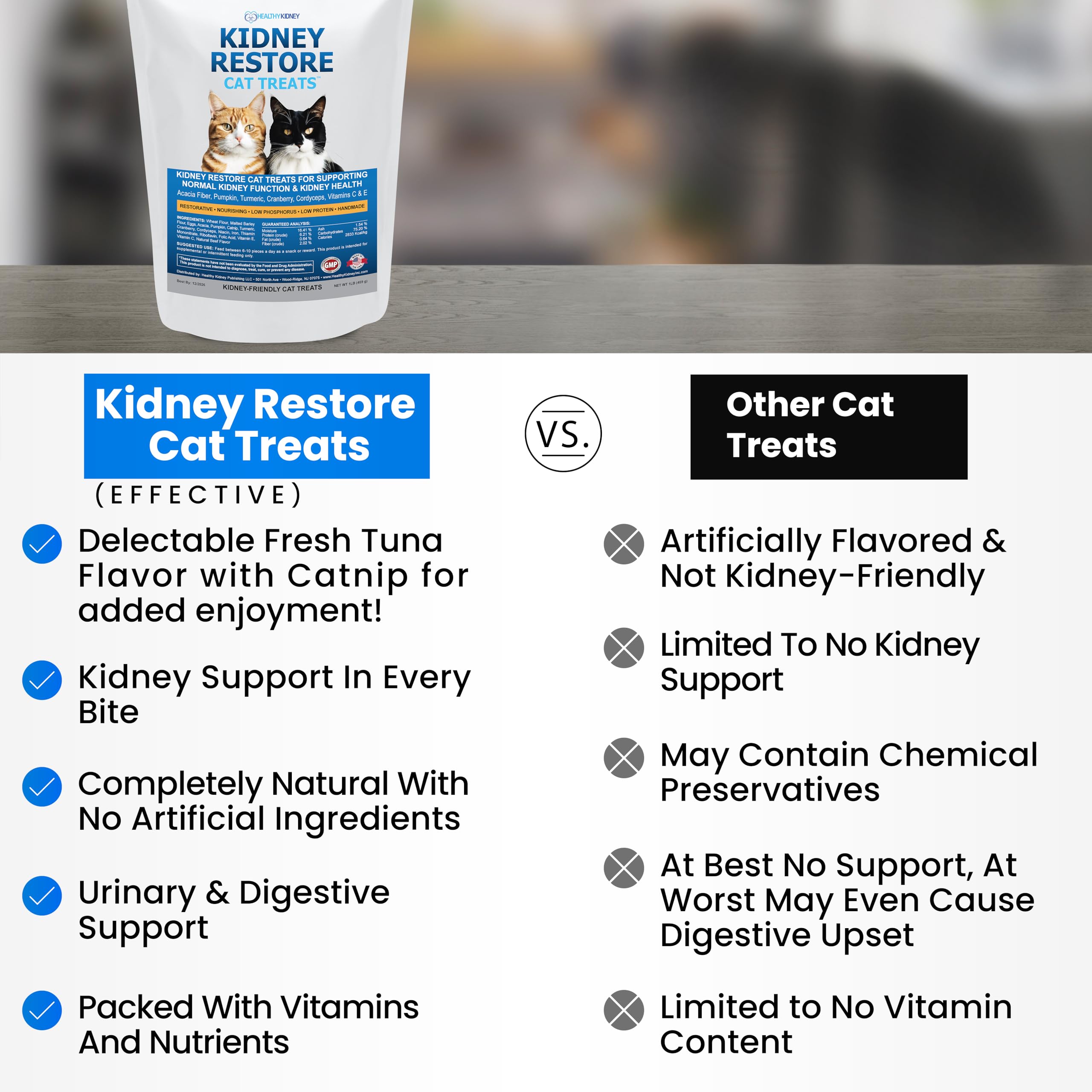 Kidney Restore Tuna label provides nutrition details and feeding guidance.