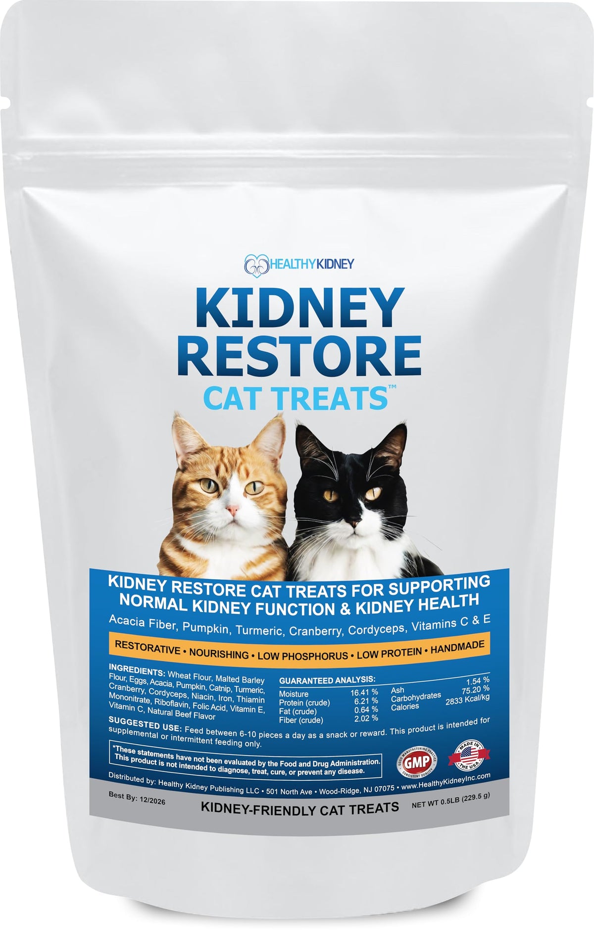 Kidney Restore Tuna cat treats packaging highlights kidney-friendly snack option.