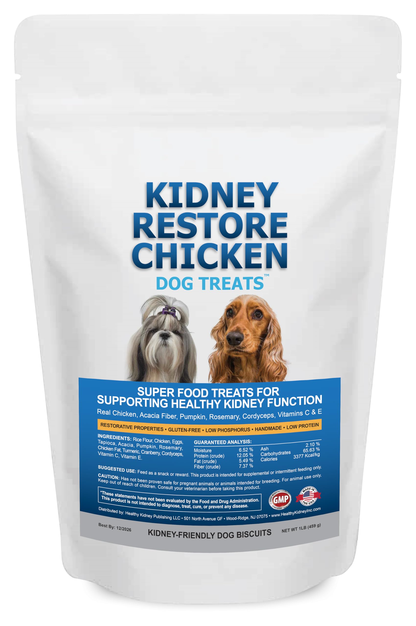 Kidney Restore packaging with chicken treats for kidney support in dogs