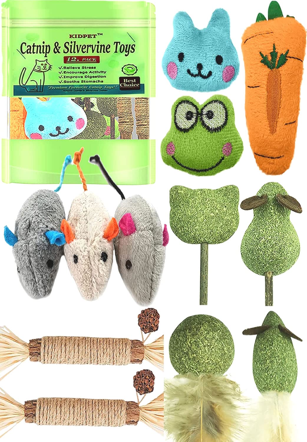 Kidpet 12-pack catnip and silvervine toys assortment for enrichment.