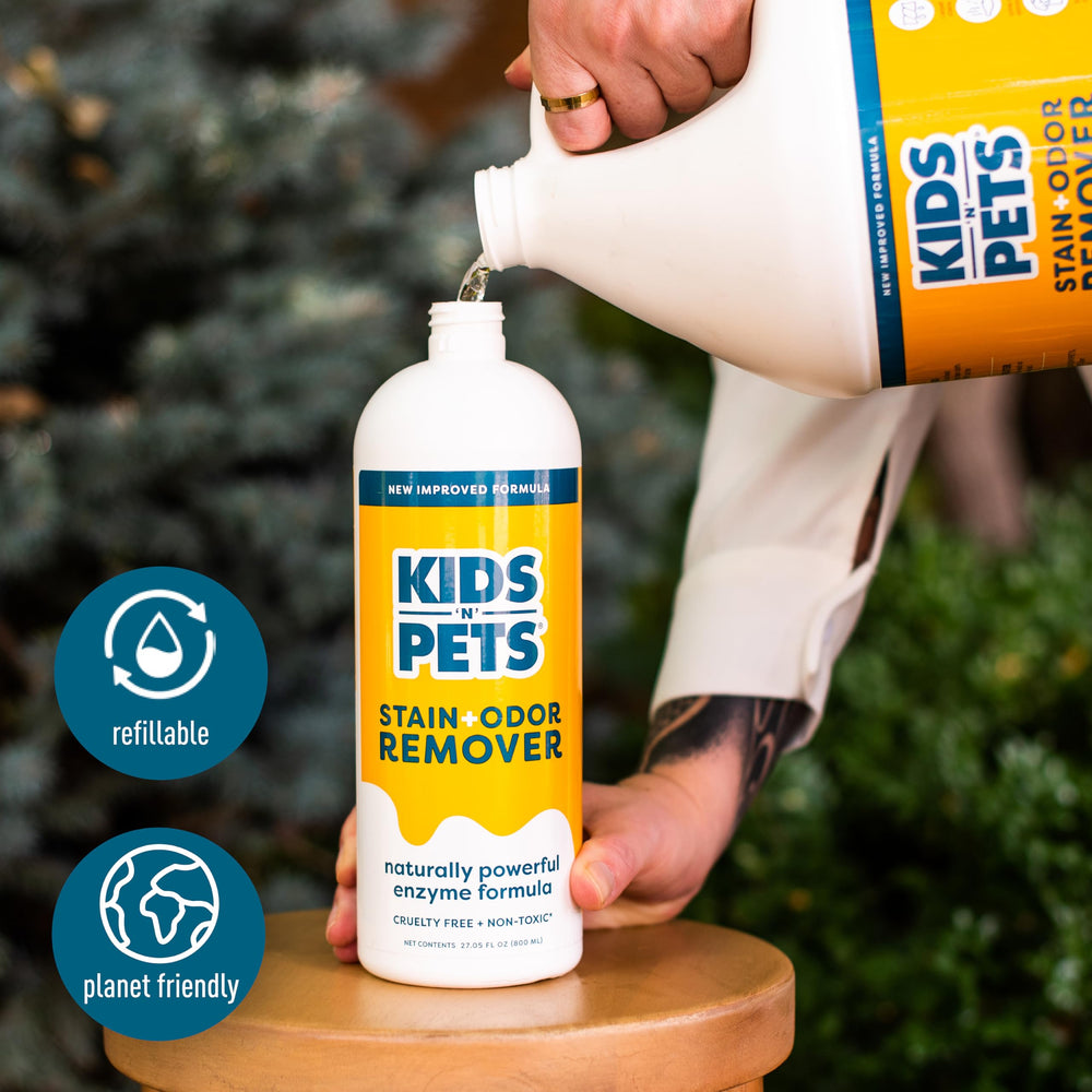 KIDS 'N' PETS stain remover cruelty-free formula on fabrics and surfaces.