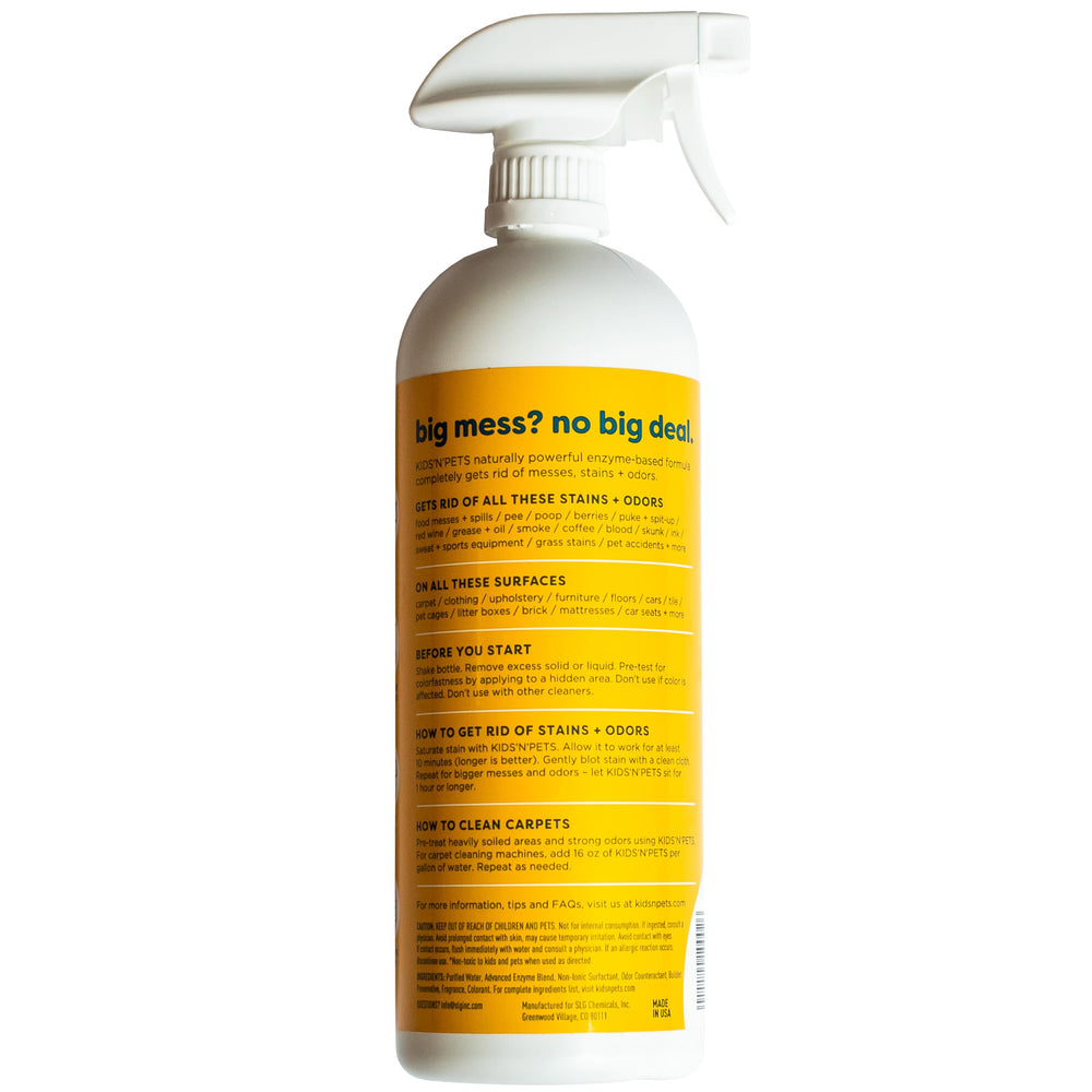 KIDS 'N' PETS stain remover in action spraying on a carpet stain for deep clean.