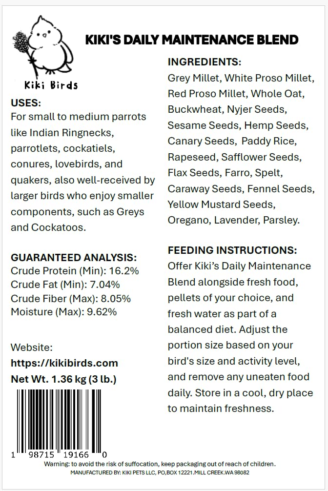 KikiBirds premium parrot food in cage scene highlights everyday maintenance and enjoyment