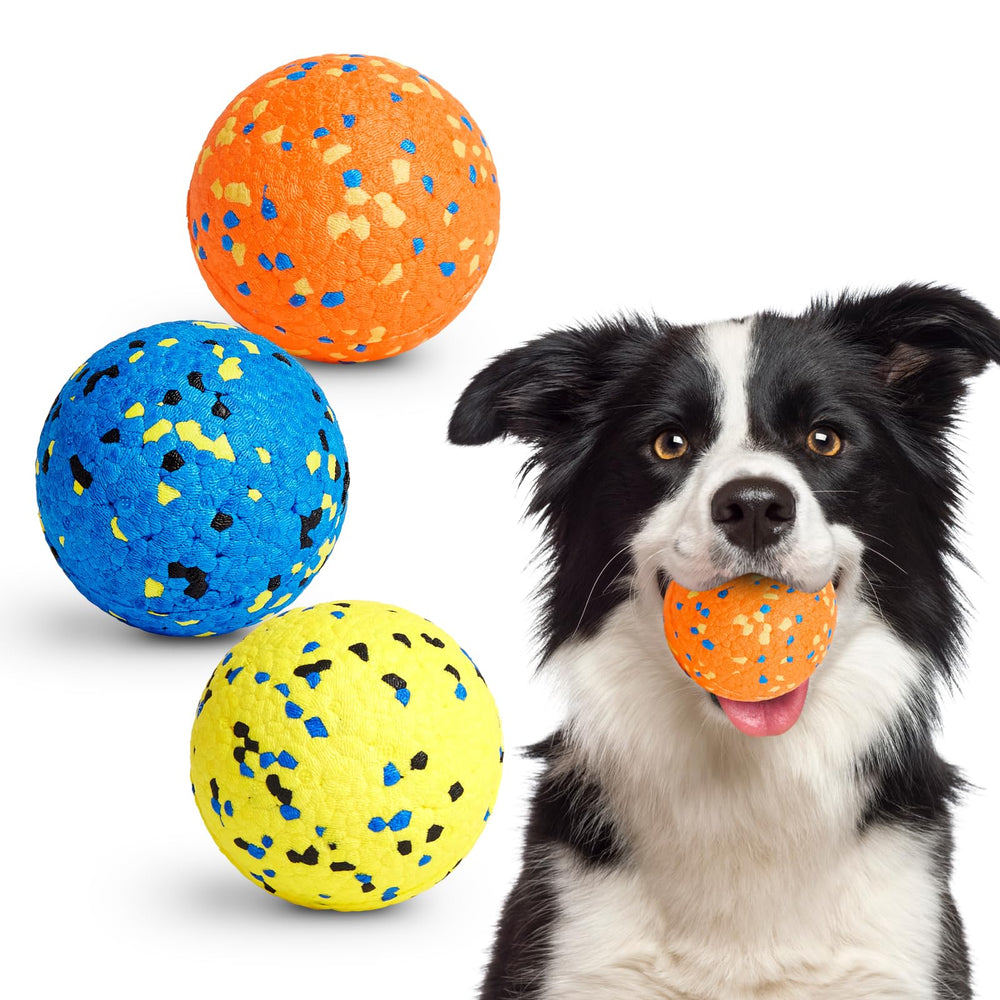 Kimee 3.15-inch dog ball front view with blue-yellow shells, easy tracking for fetch