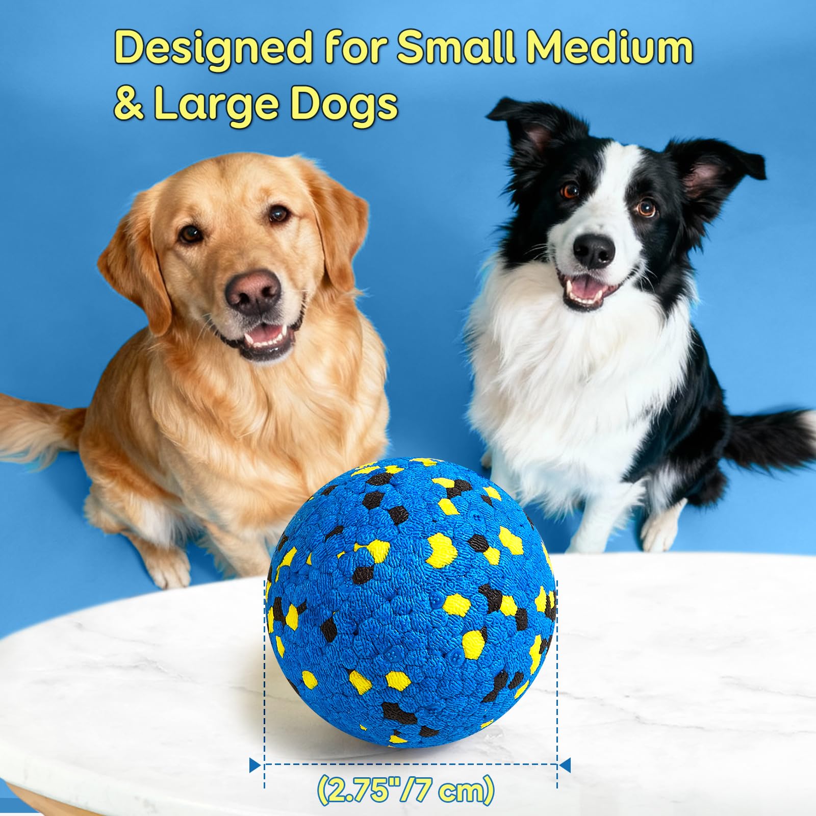 Kimee dog balls blue-yellow colors attract dogs and support quick engagement.