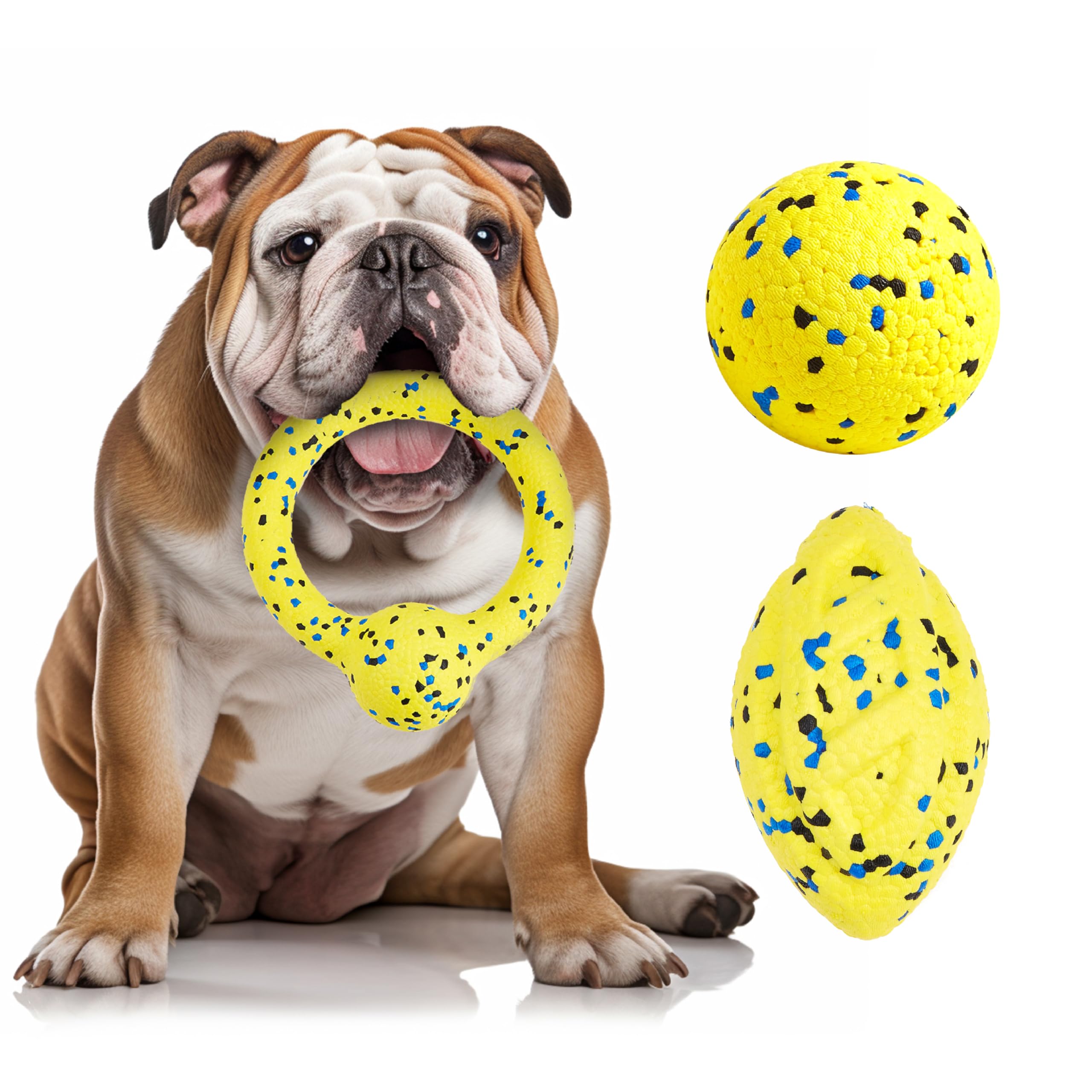Kimee dog balls yellow front view shows a durable tug toy for aggressive chewers