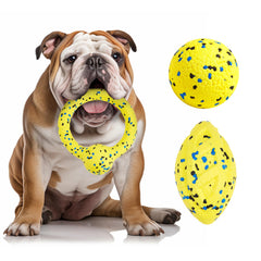 Kimee dog balls yellow front view shows a durable tug toy for aggressive chewers