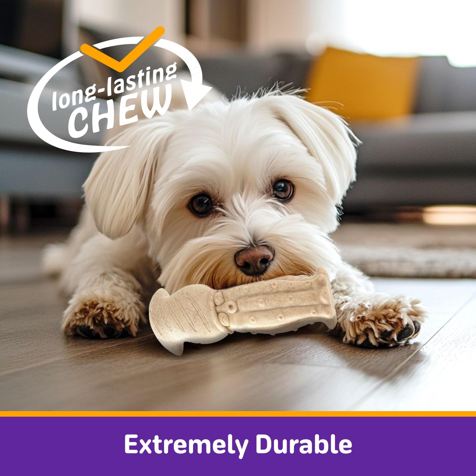 Kimee dog chewing action toy, shows a dog enjoying a tough chew.
