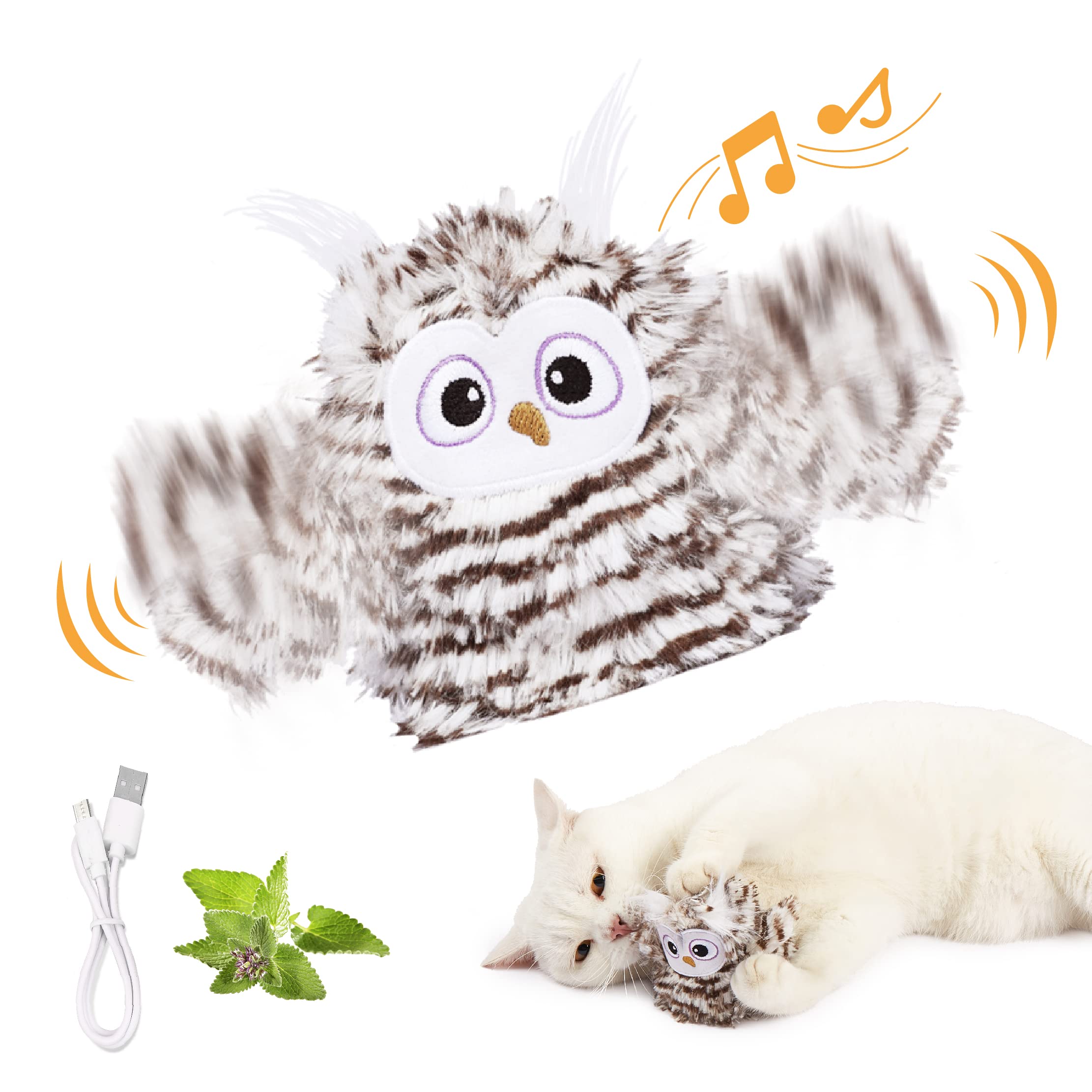 Kimee interactive owl toy front view shows chirping motion for indoor cat entertainment.