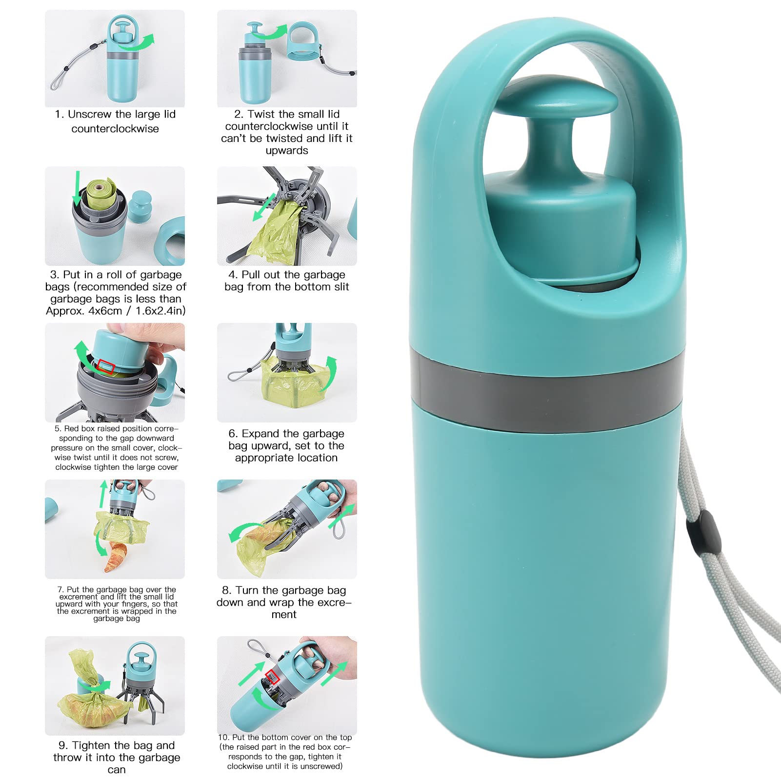 KIMISS pooper scooper with retractable strap demonstrates hands-free carry during walks.