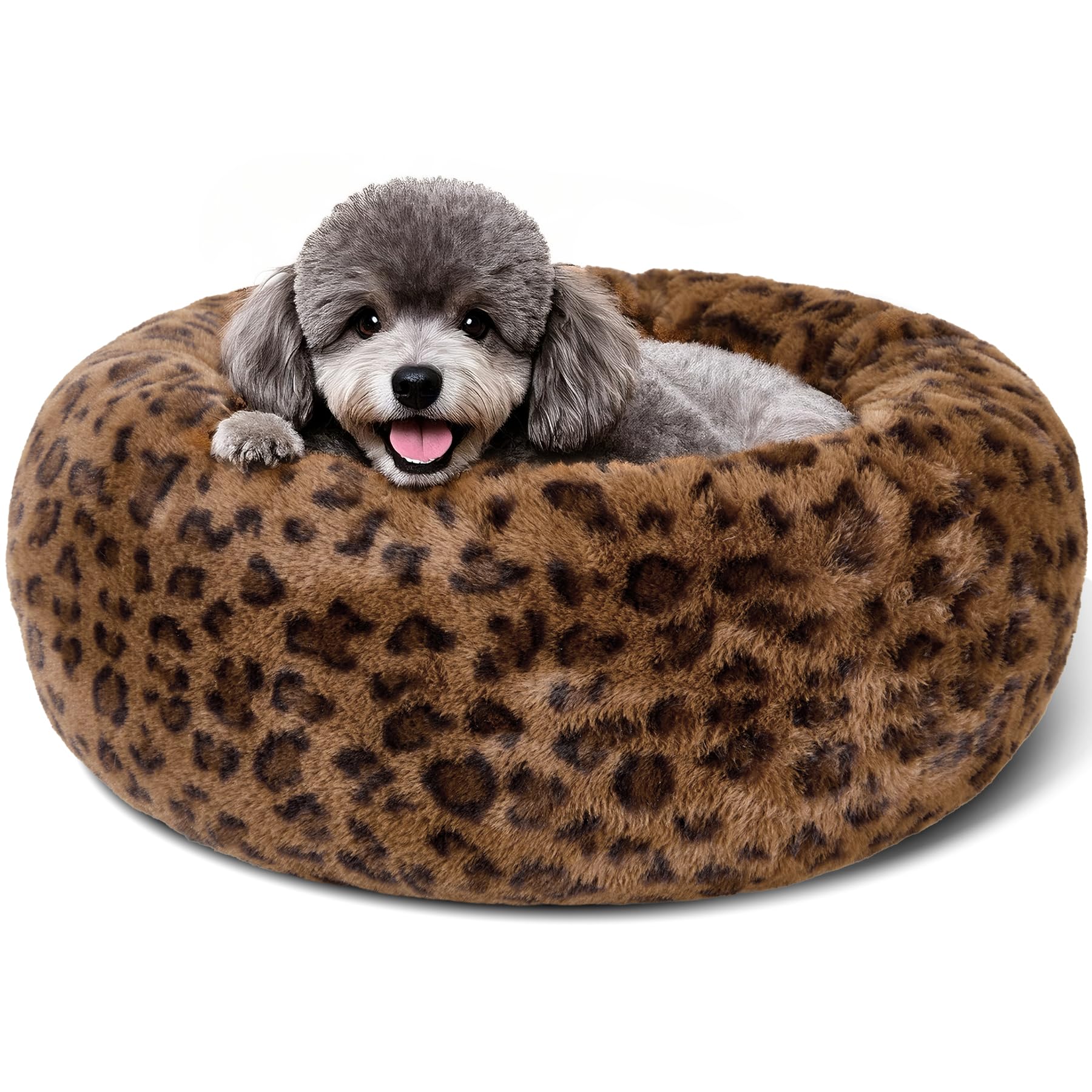 Kimpets dog bed round leopard 20in front view shows cozy lounging warmth.