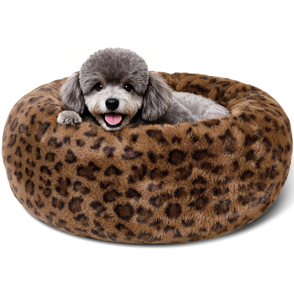 Kimpets dog bed round leopard 20in front view shows cozy lounging warmth.