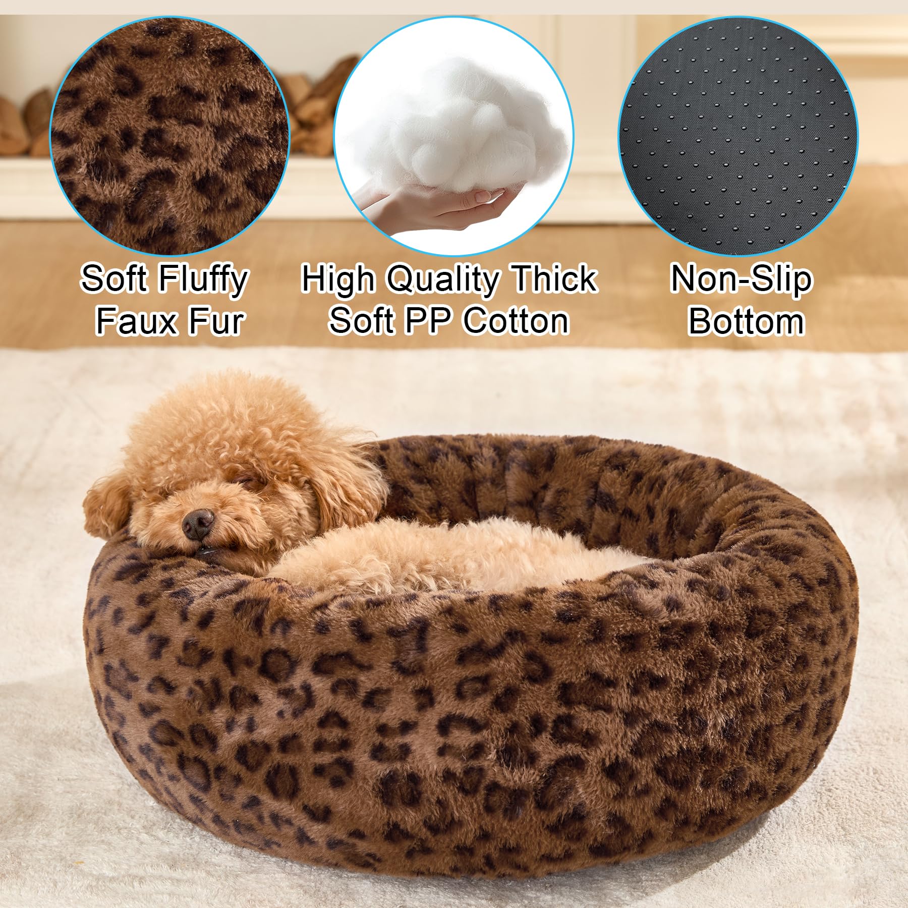 Kimpets donut bed faux fur closeup highlights plush comfort and soothing texture.