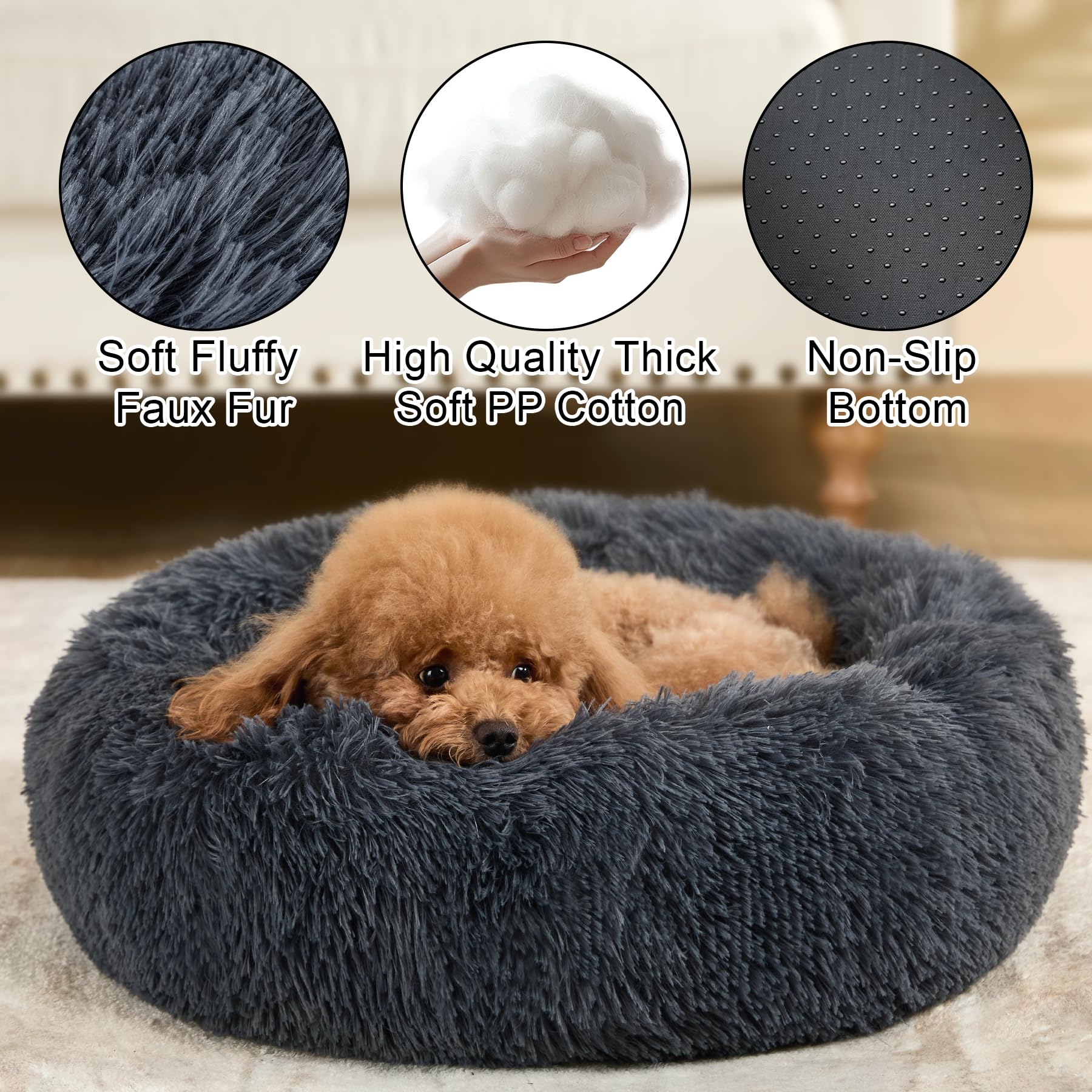 Kimpets donut-bed outer faux fur close-up showing fluffy texture for anxious pets.