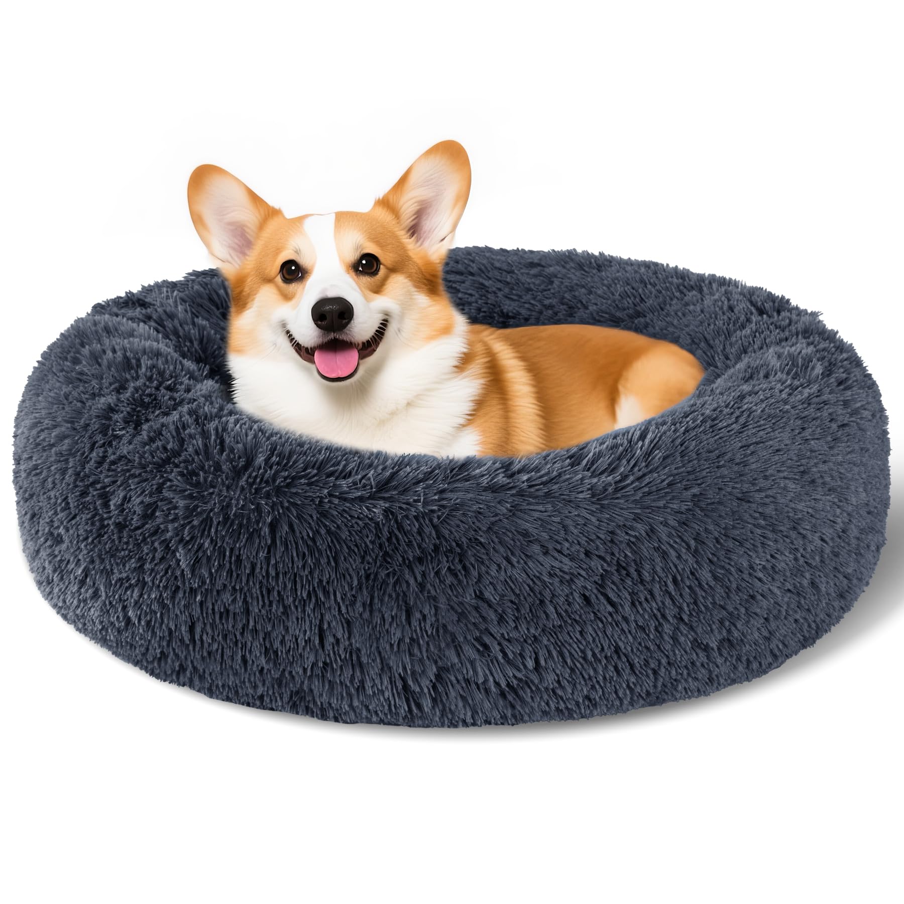 Kimpets round donut bed in dark grey with luxurious faux fur inviting cozy naps.