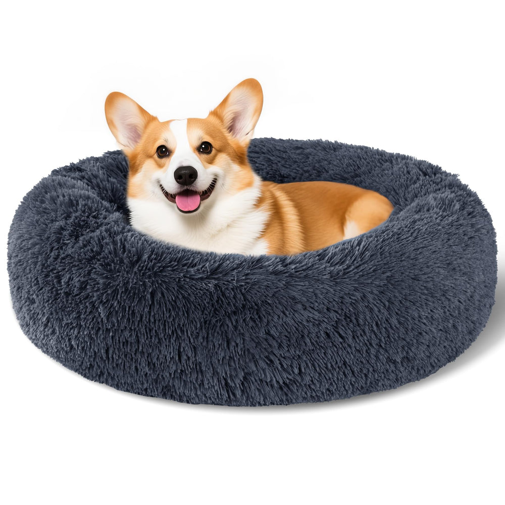Kimpets round donut bed in dark grey with luxurious faux fur inviting cozy naps.