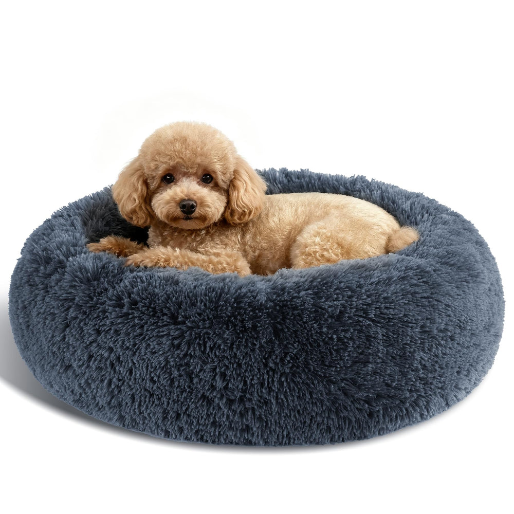 Kimpets round-donut-dog-bed 20in dark-grey plush fur for cozy naps.