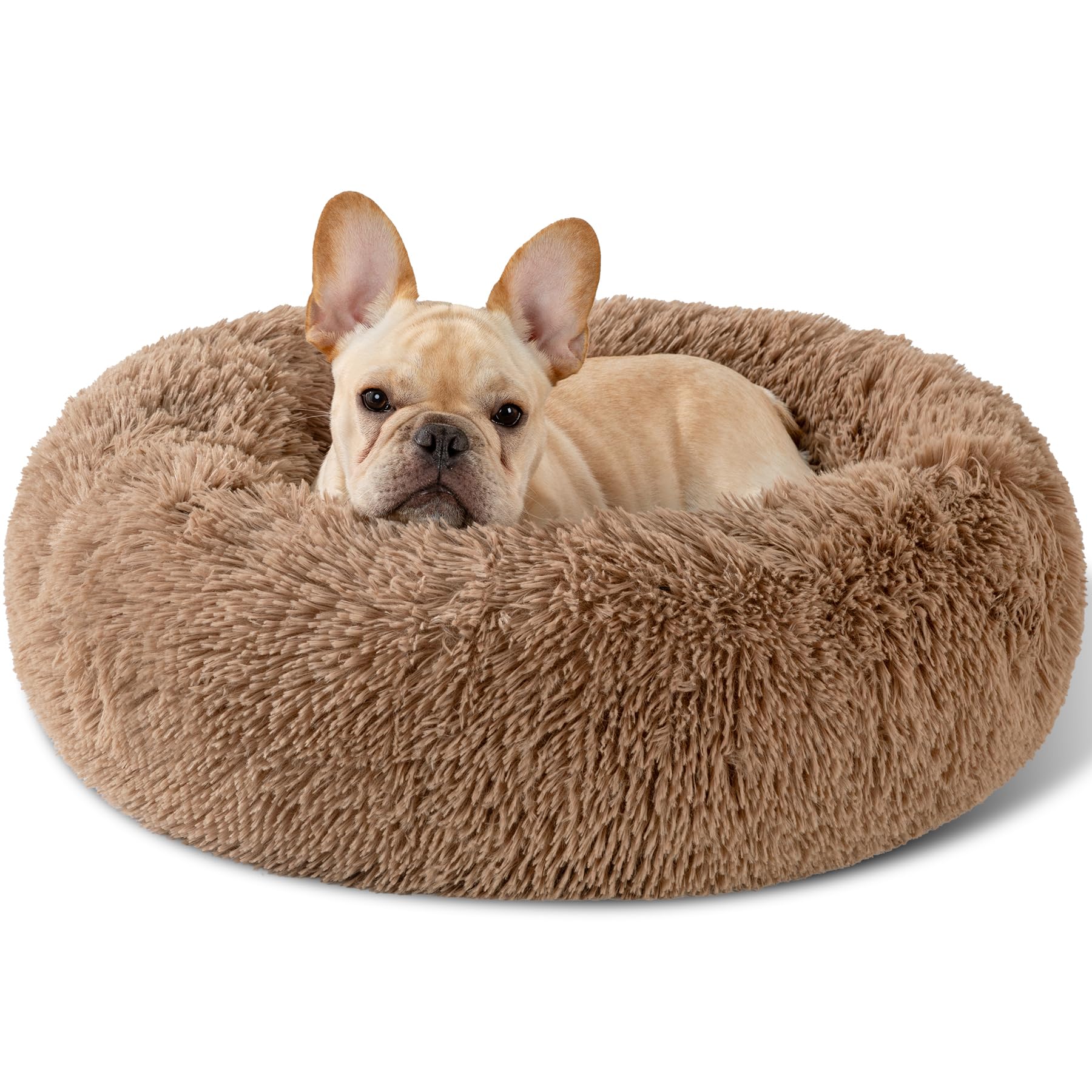 Kimpets round donut dog bed close-up showcases plush faux fur for cozy lounging.