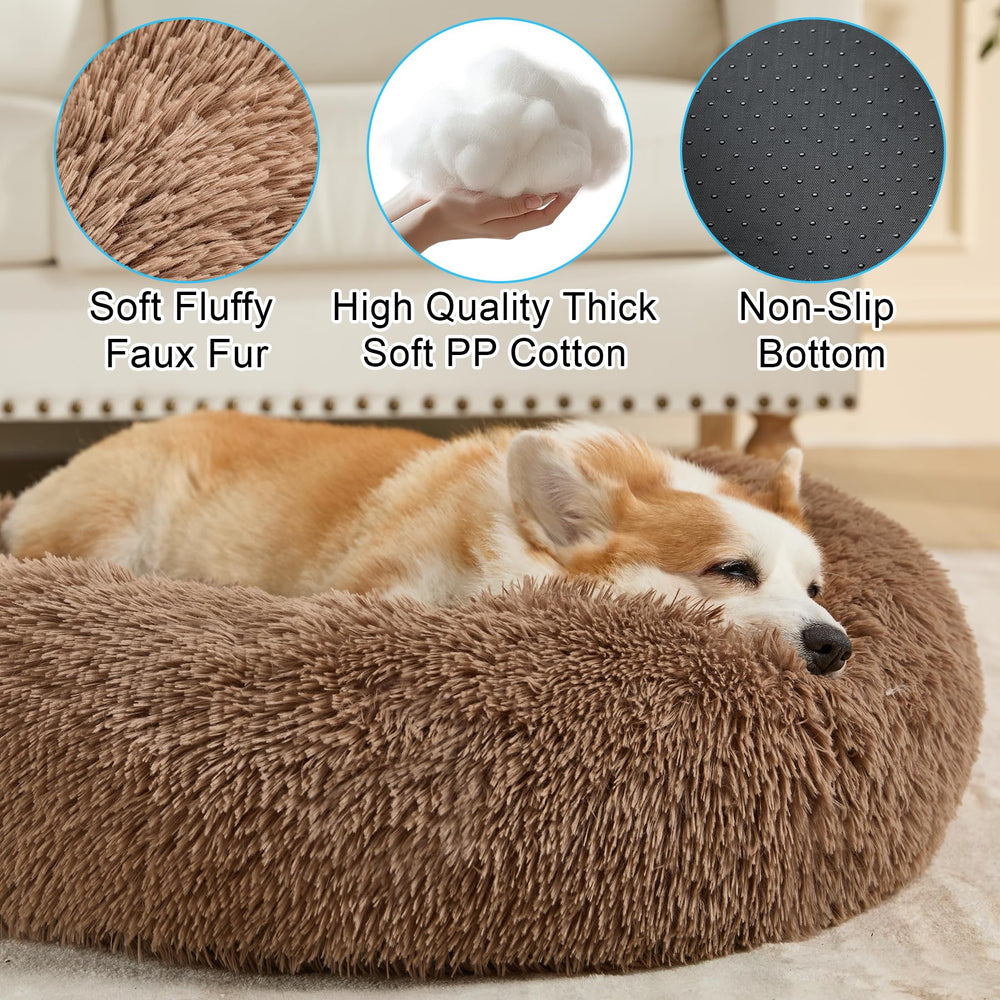 Kimpets round-donut-dog-bed-24khaki-fabric-shot emphasizes easy-clean machine-washable convenience.