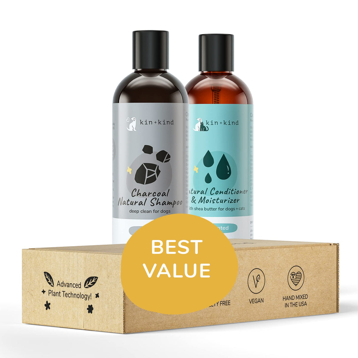 Kin+Kind charcoal shampoo bottle close-up for odor control and gentle cleansing