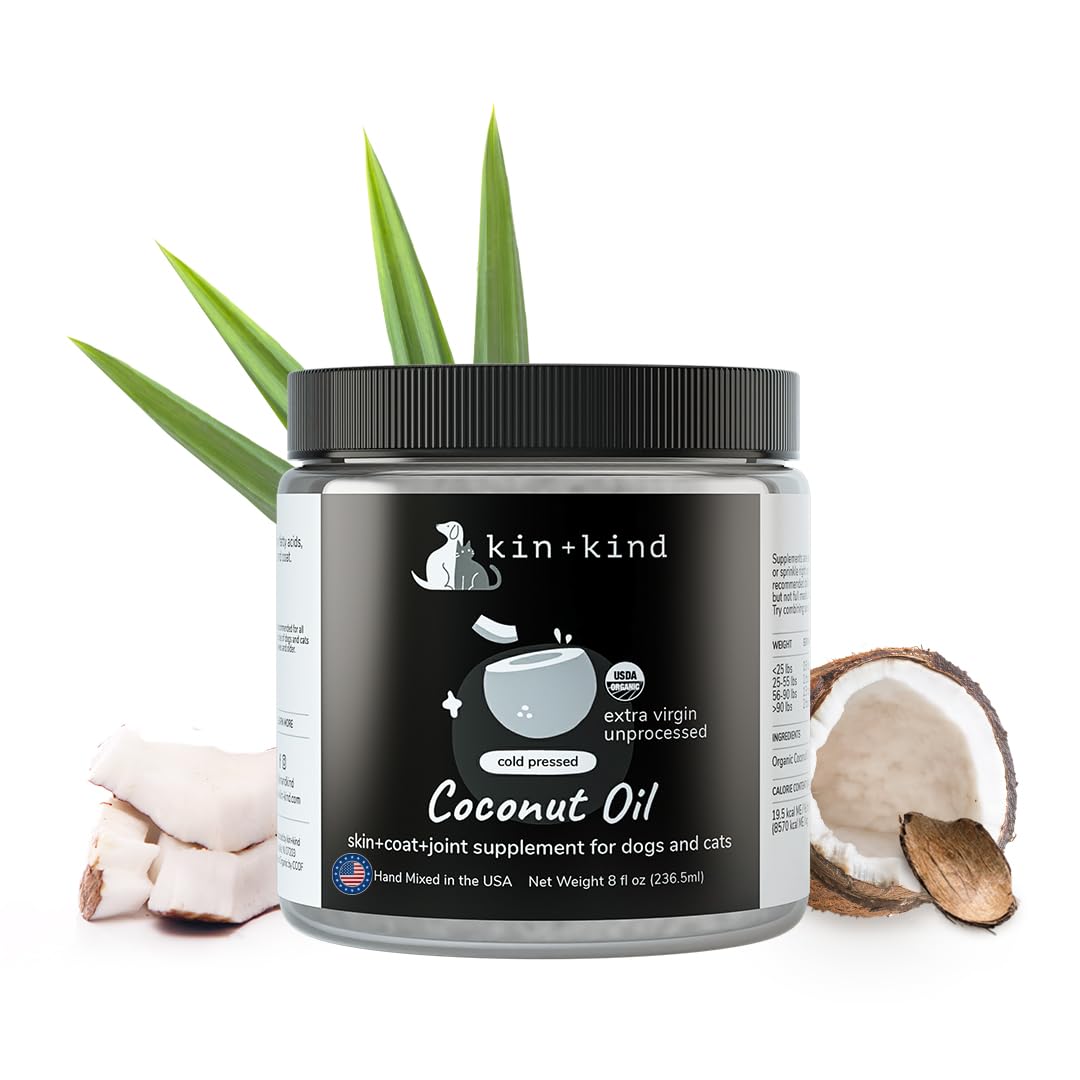Kin-kind Organic Coconut Oil bottle for dogs and cats—easy feeding supplement.