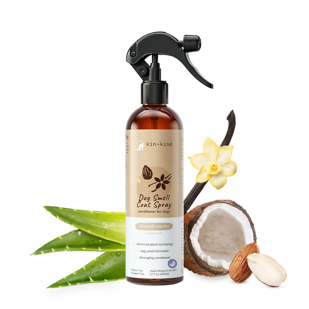 Kin+kind dog deodorizing spray bottle closeup for effective odor neutralization on coats.