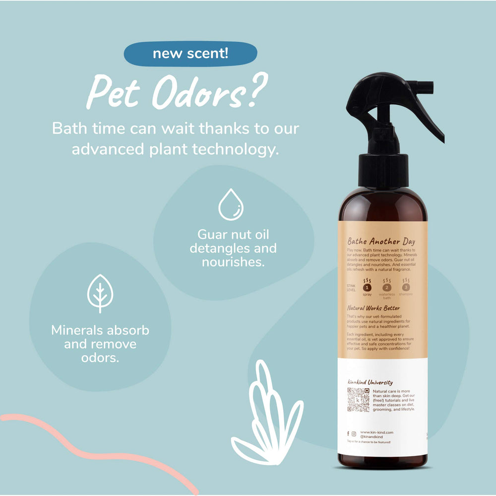 Kin+kind spray mist on coat demonstrates fresh natural fragrance between baths.