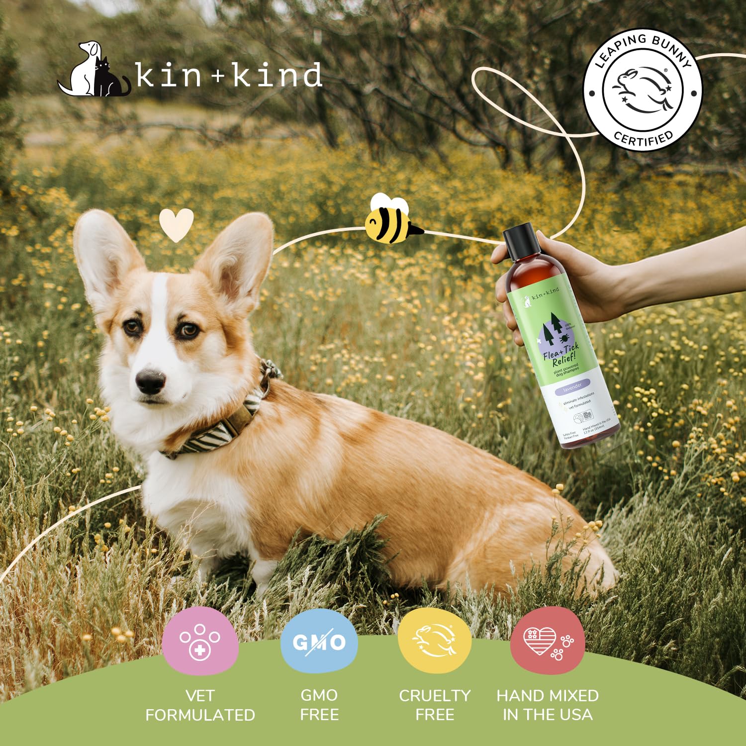 Kin-kind cruelty-free Leaping Bunny-certified formula supports ethical pet care.