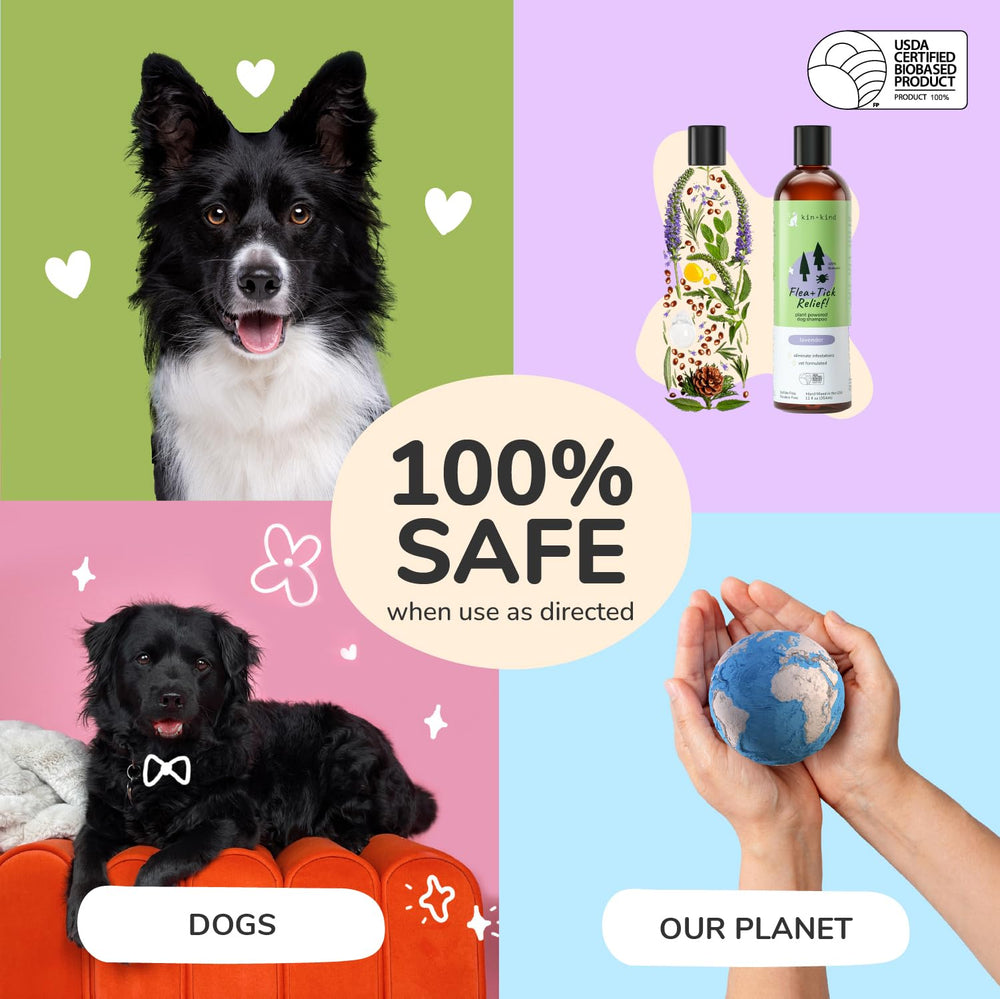 Kin-kind vet-formulated label indicates safe, plant-powered flea and tick support.