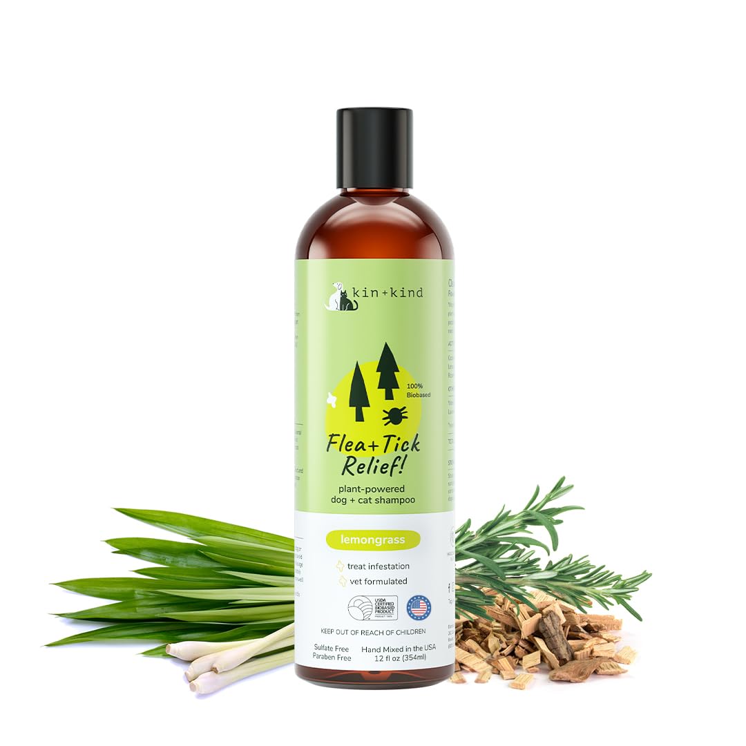 Kin+Kind flea-tick dog shampoo bottle highlights plant-powered formula for gentle care.