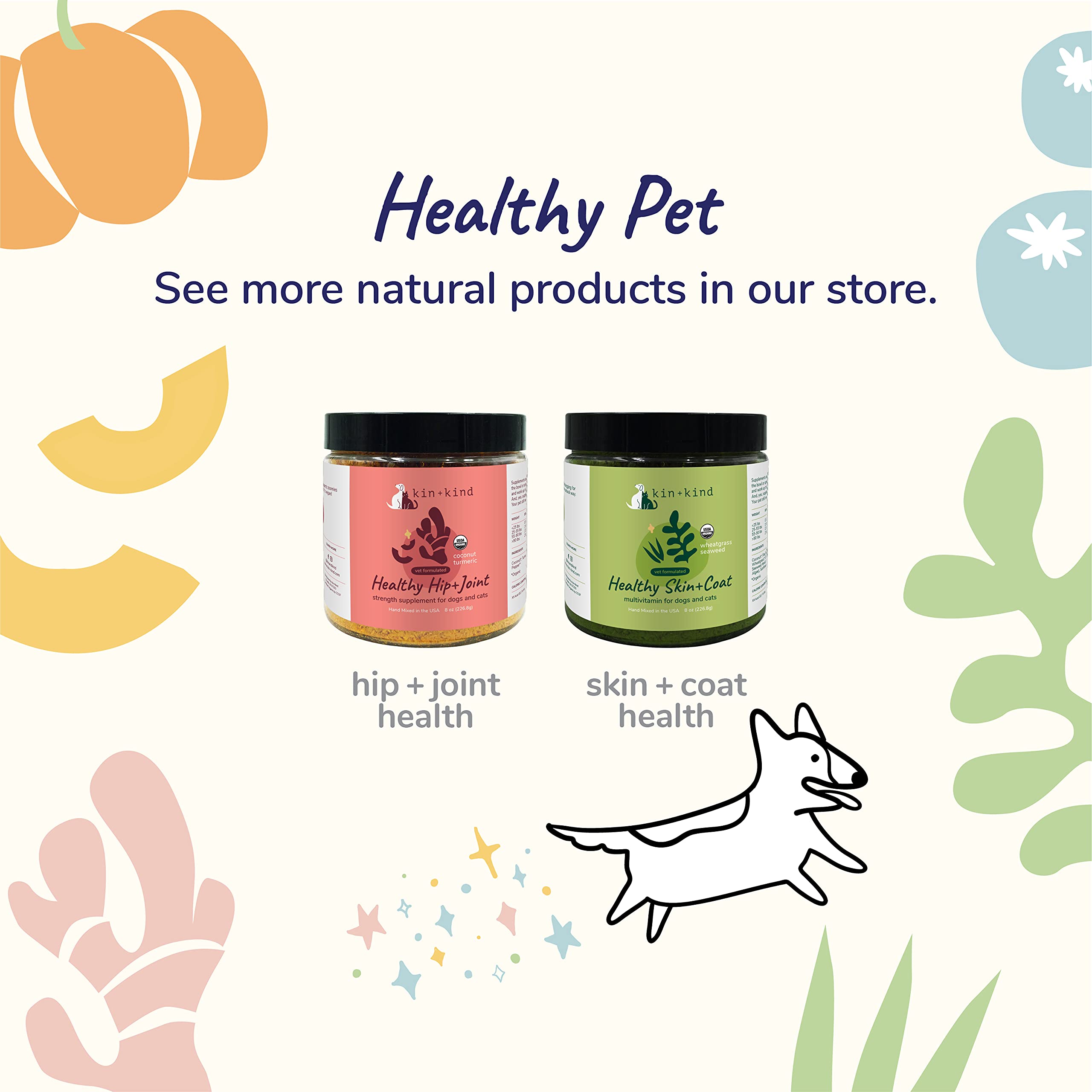 Kin-kind gut-health powder image suggests improved digestion and regular stools for dogs.