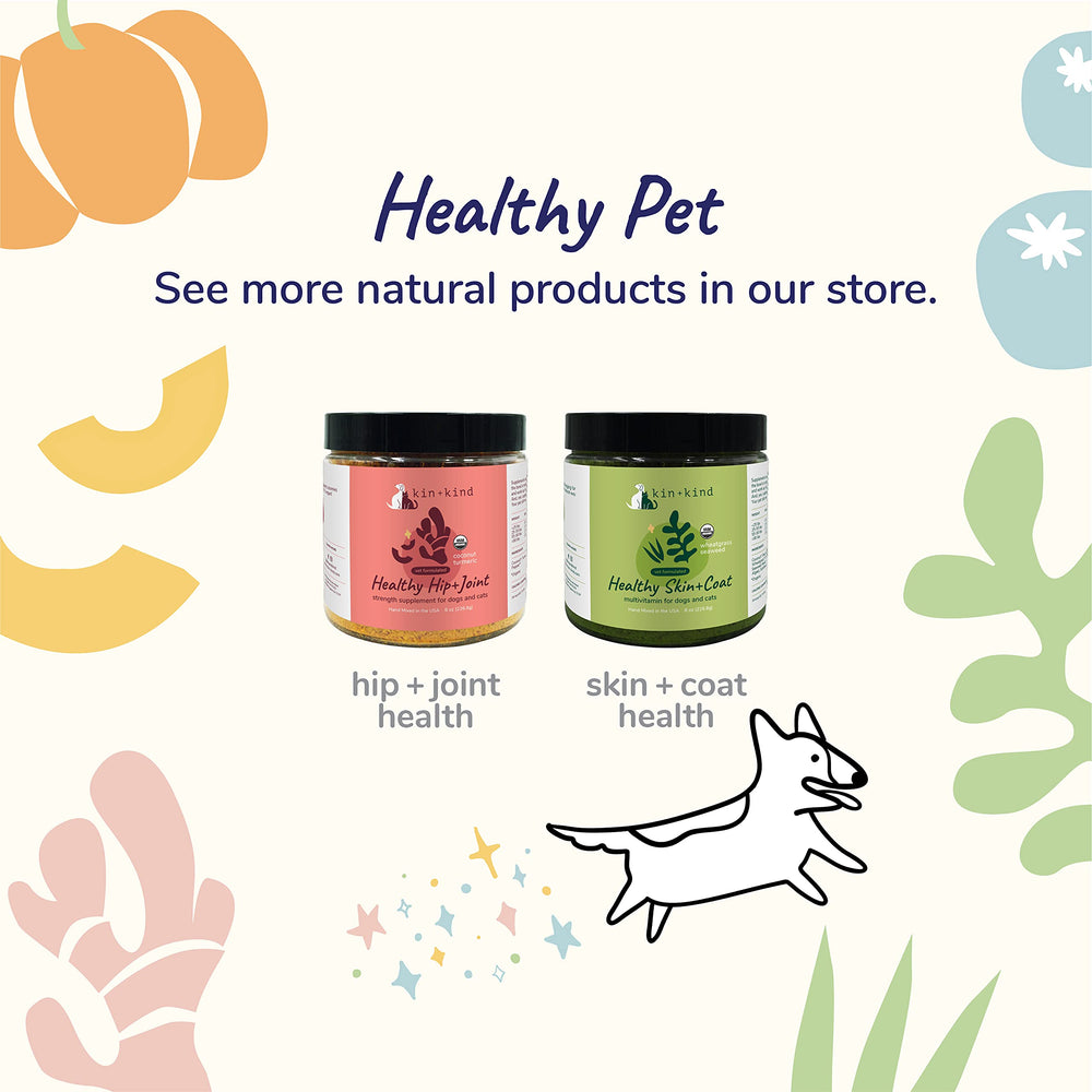 Kin-kind gut-health powder image suggests improved digestion and regular stools for dogs.