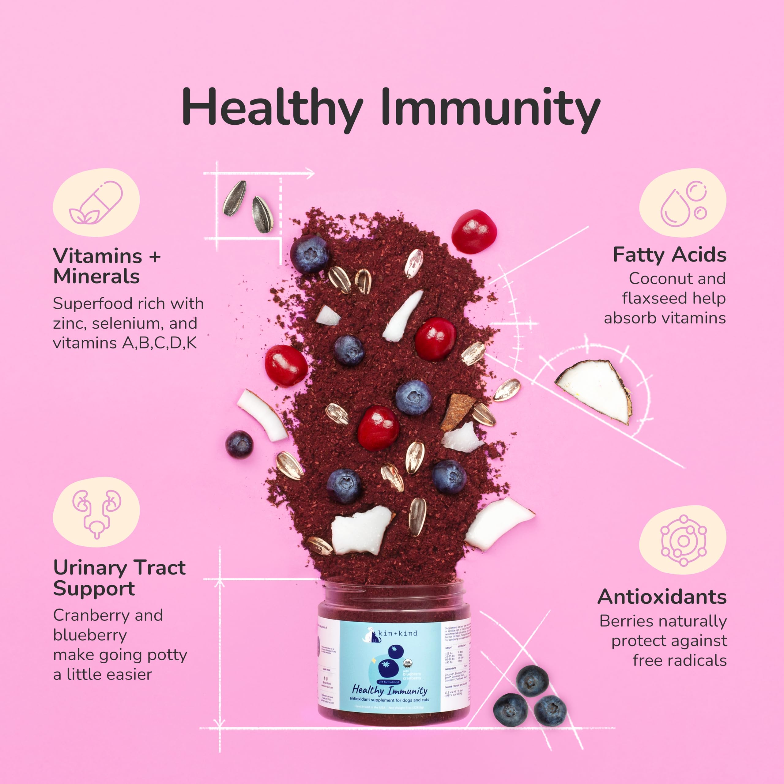 kin+kind immune supplement cat bottle demonstrates daily vitality support