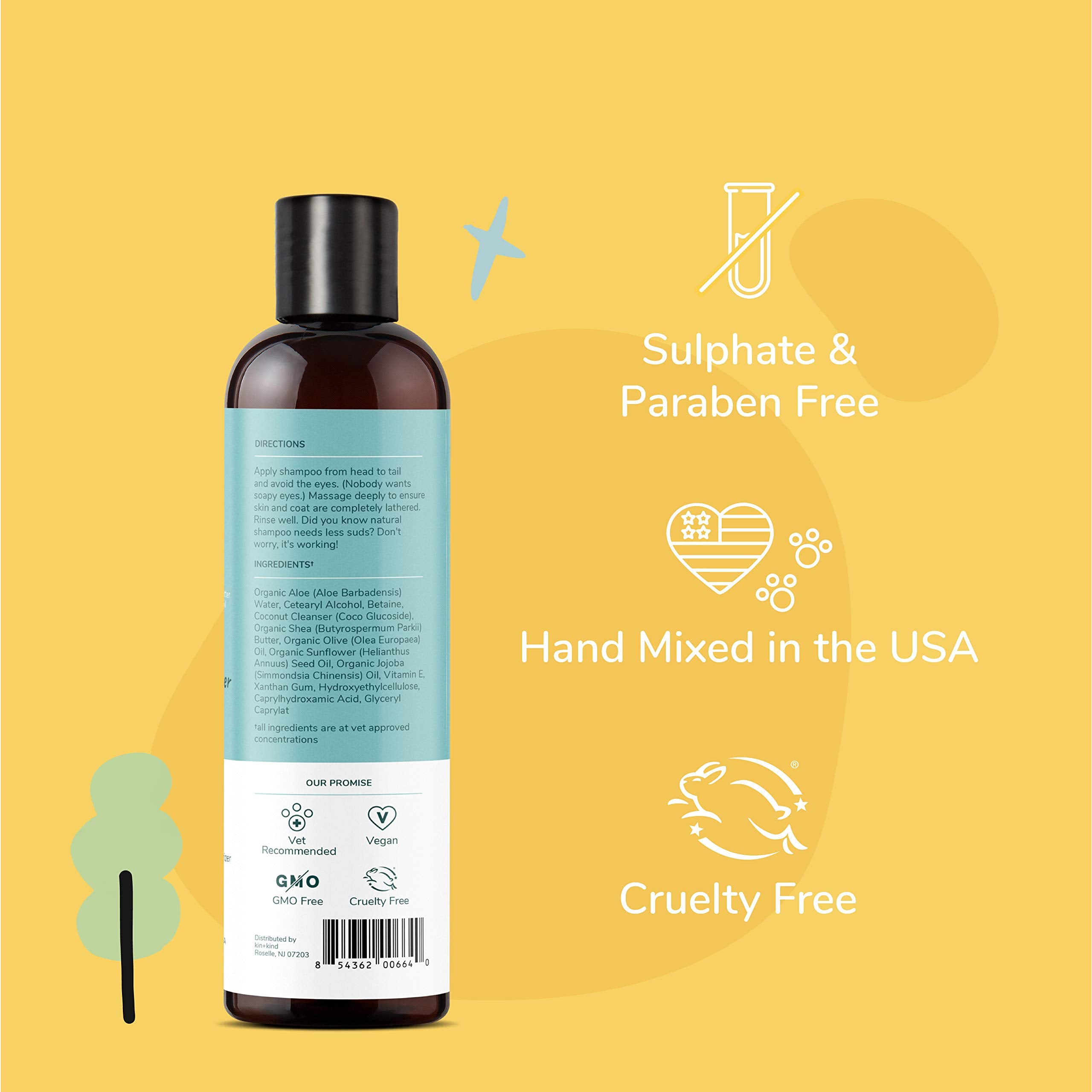 Kin-kind natural ingredients graphic featuring shea butter, aloe, betaine for sensitive skin.