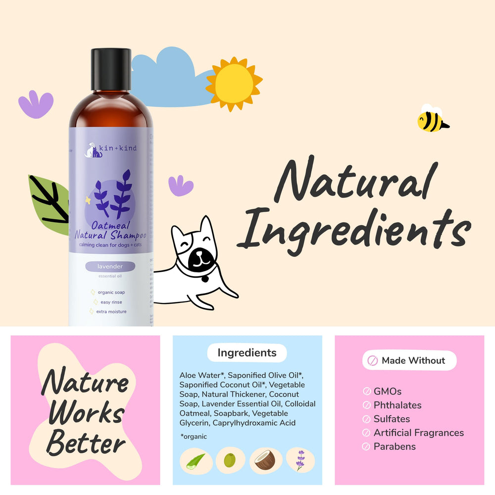 kin-kind oatmeal shampoo pet bath scene demonstrates safe cleansing for dogs and cats.