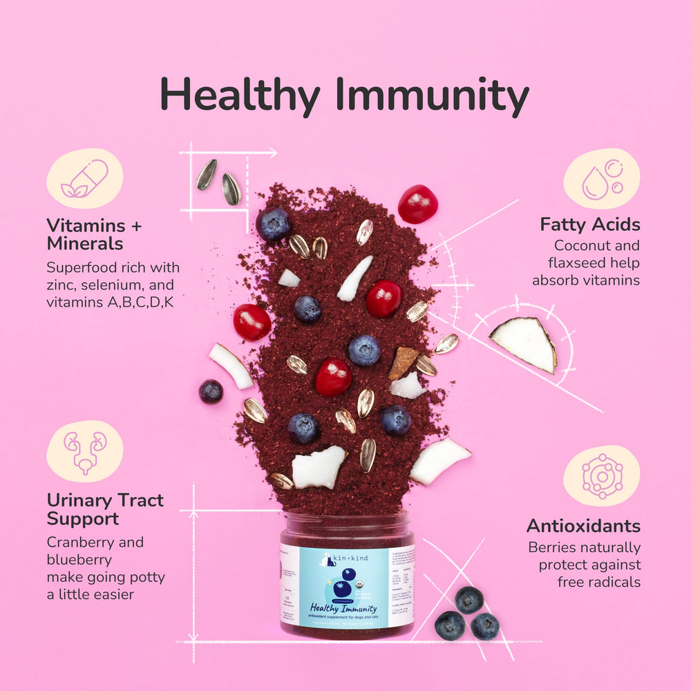 Kin-kind pet vitamins immune sprinkles on wet food support balanced meals.