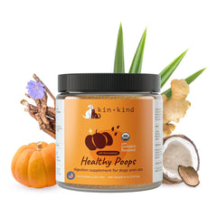 Kin-kind Probiotics for Dogs bottle pour shows easy-dispense powder for gut health.