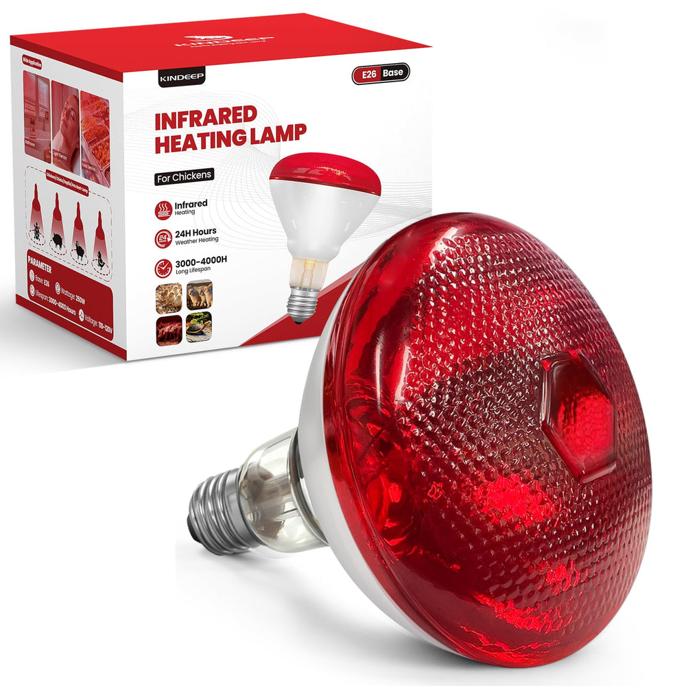 KINDEEP 250W heat lamp glow shot showing warm, gentle illumination for animals