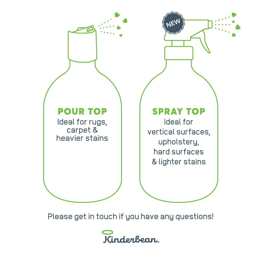 Kinderbean spray-top-application shows easy spray-on use for stains and hard surfaces.