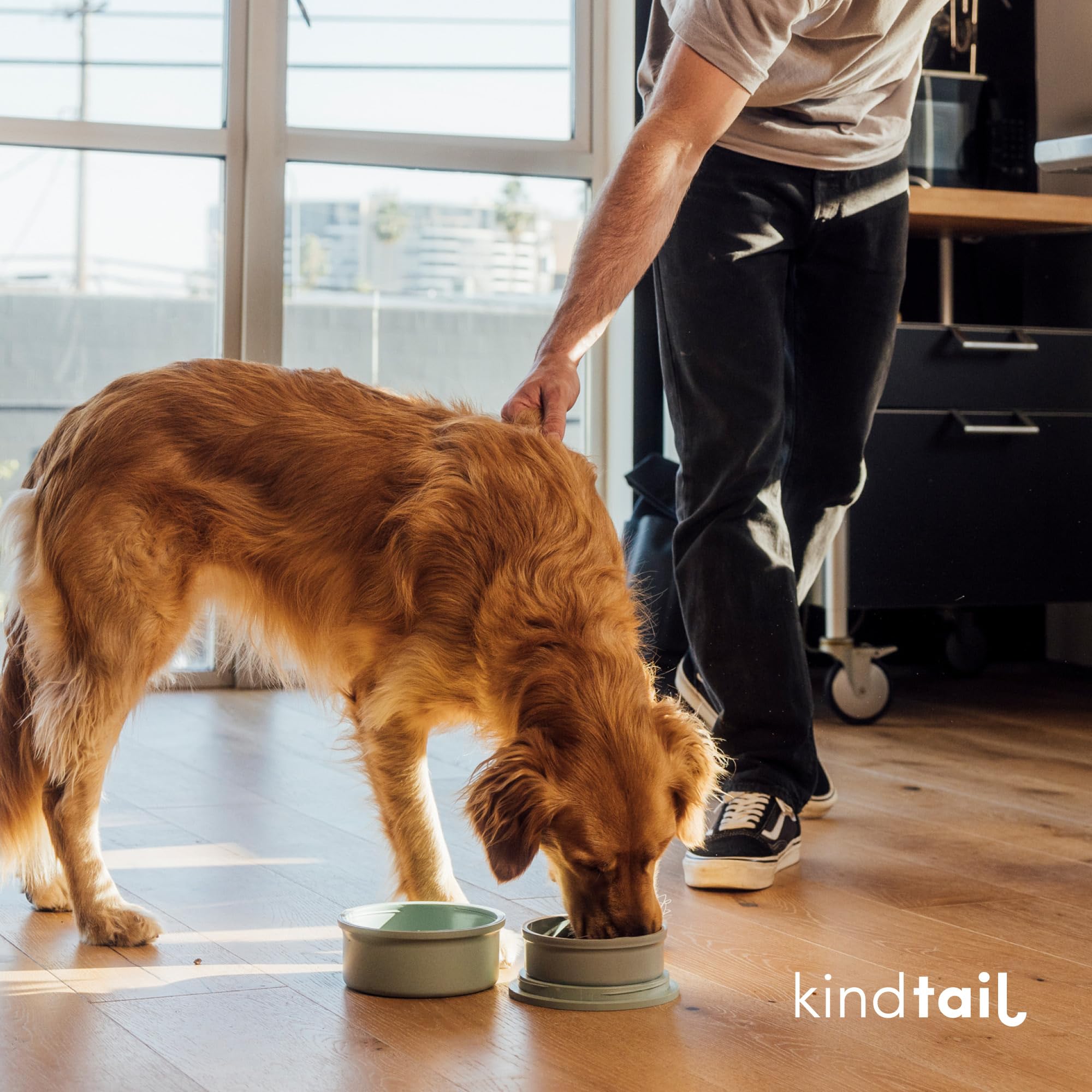 KindTail stackable travel bowls demonstrate portable design for pets 25-65 lbs.