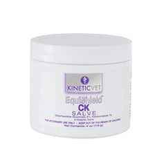 Close-up of Kinetic Vet EquiShield CK Salve 4OZ jar for easy coat care.