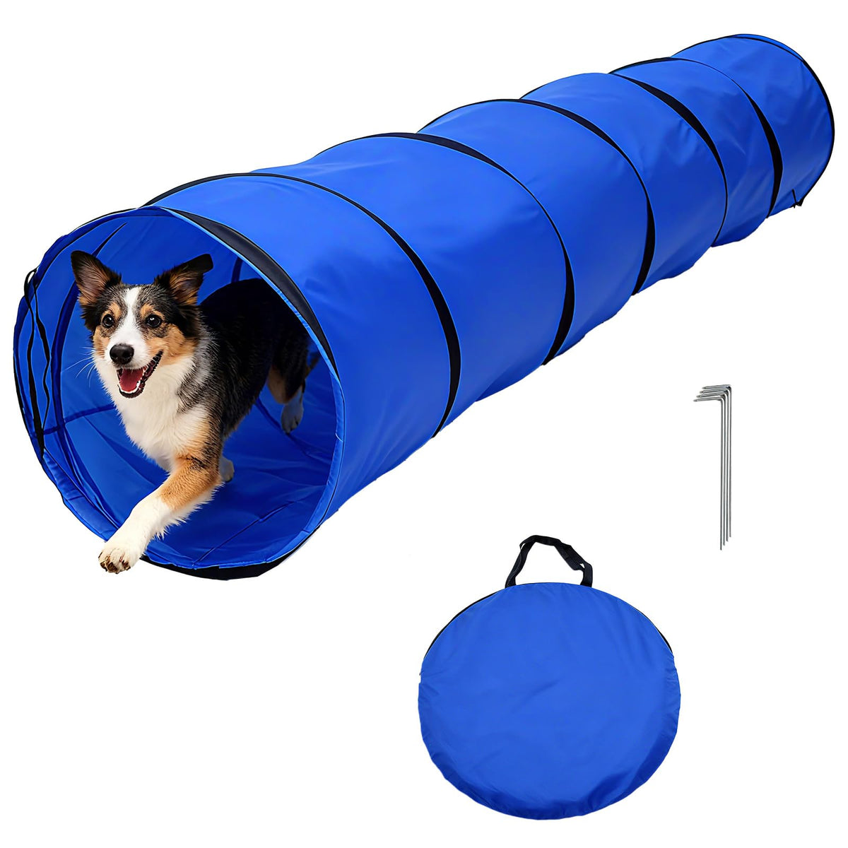 KINETOVOLTA dog agility tunnel with carry bag enables portable training sessions.