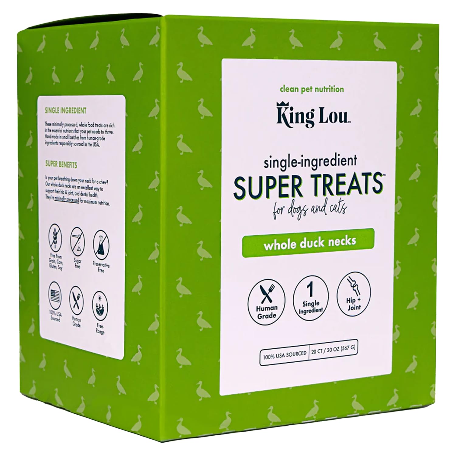 King Lou Duck Neck packaging highlights USA-made, single-ingredient treats for dogs and cats.