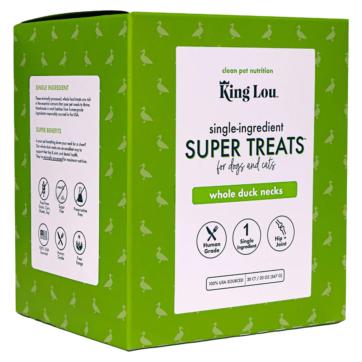 King Lou Duck Neck packaging highlights USA-made, single-ingredient treats for dogs and cats.