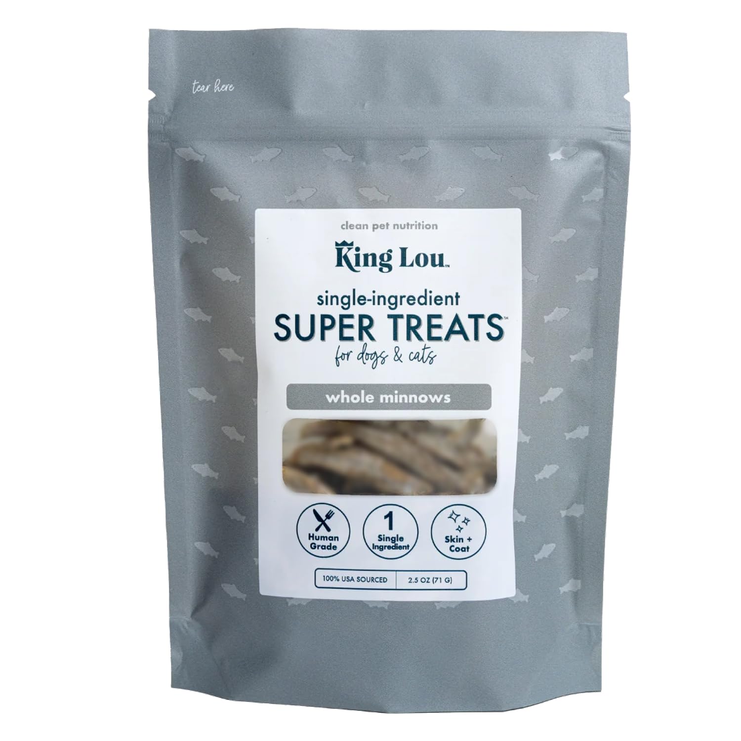King Lou Minnows bag front showing single-ingredient treat option for pets.